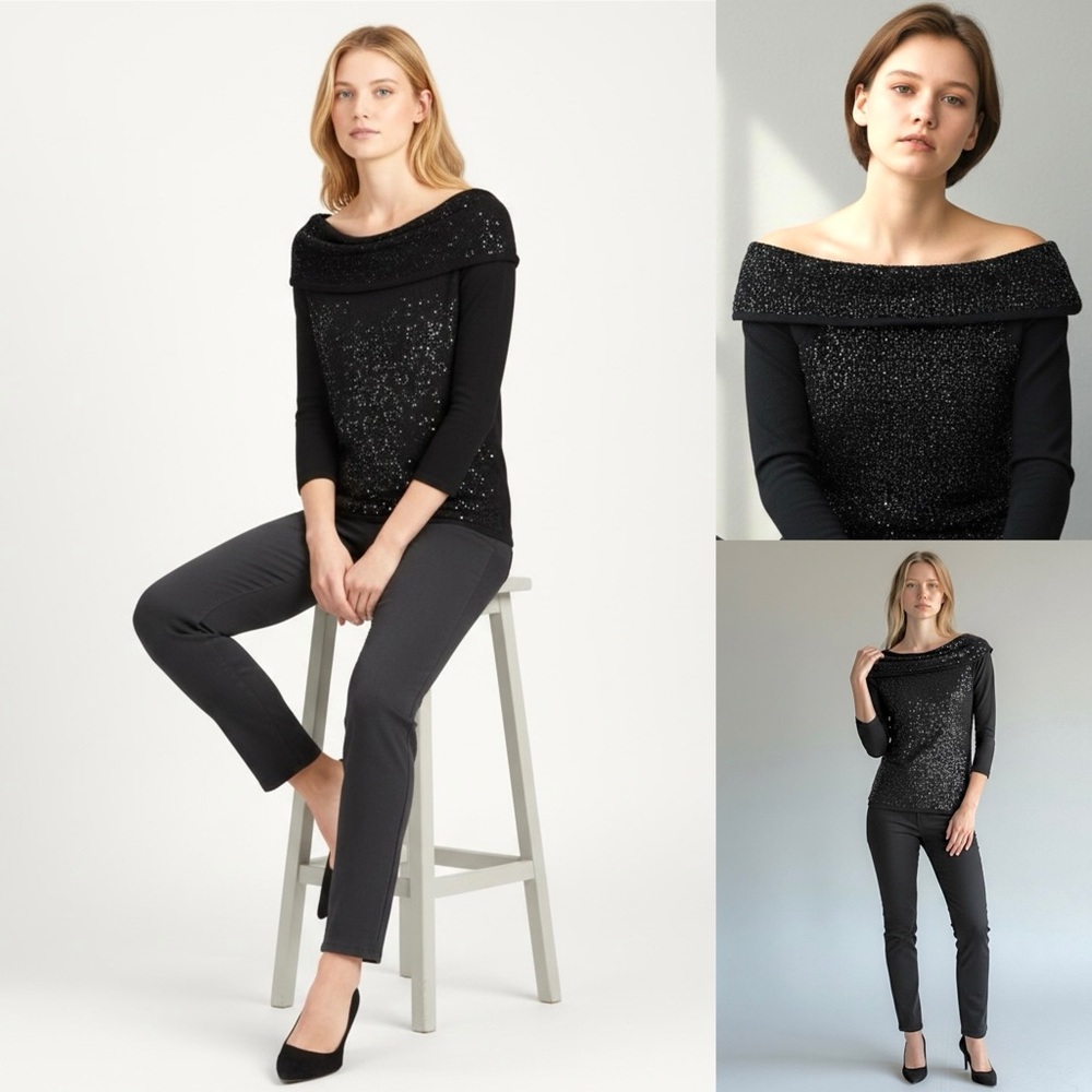 White House Black Market Sequin Knit Sweater Off-Shoulder Cashmere Blend Black